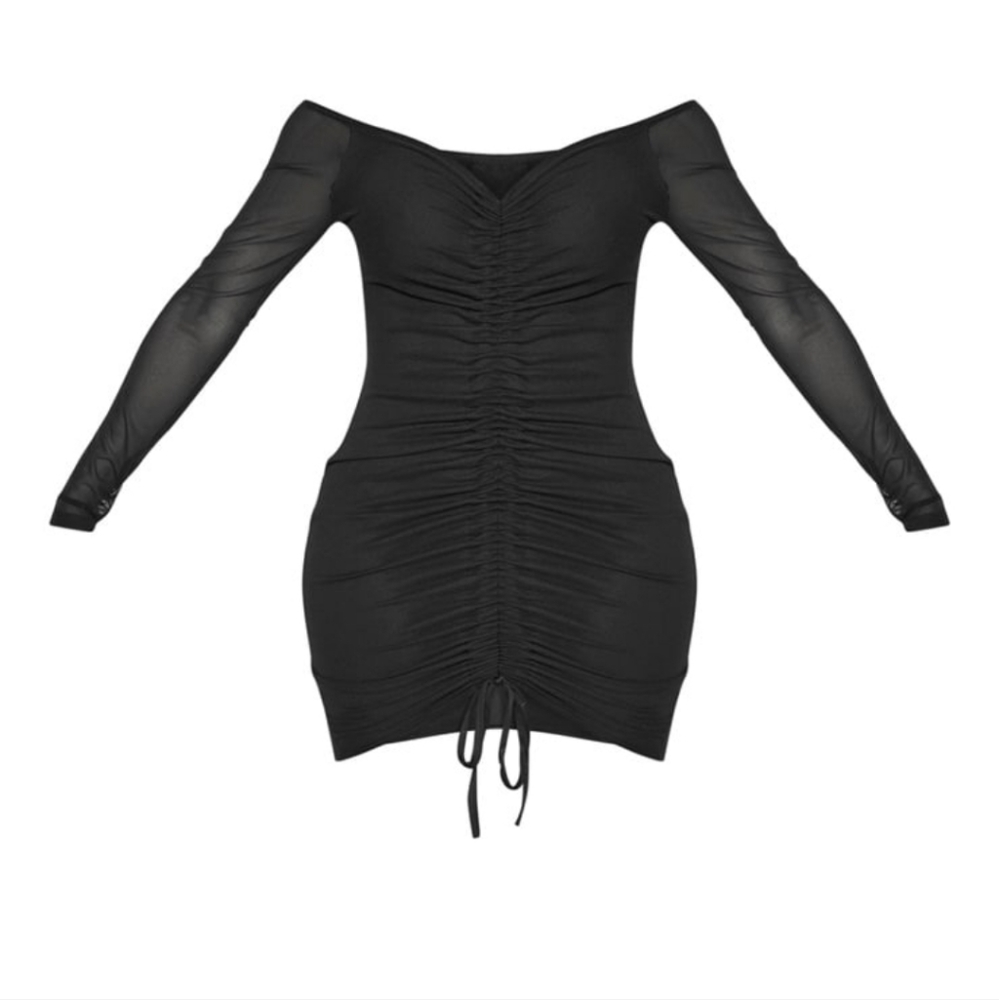 PLT Shape Black Mesh Ruched Bardot Bodycon Dress